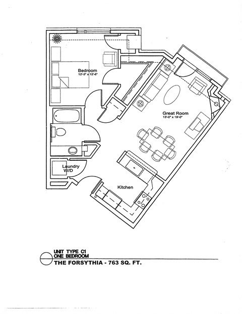 Floor plan for 1 bed, 1 bath, 746 sqft